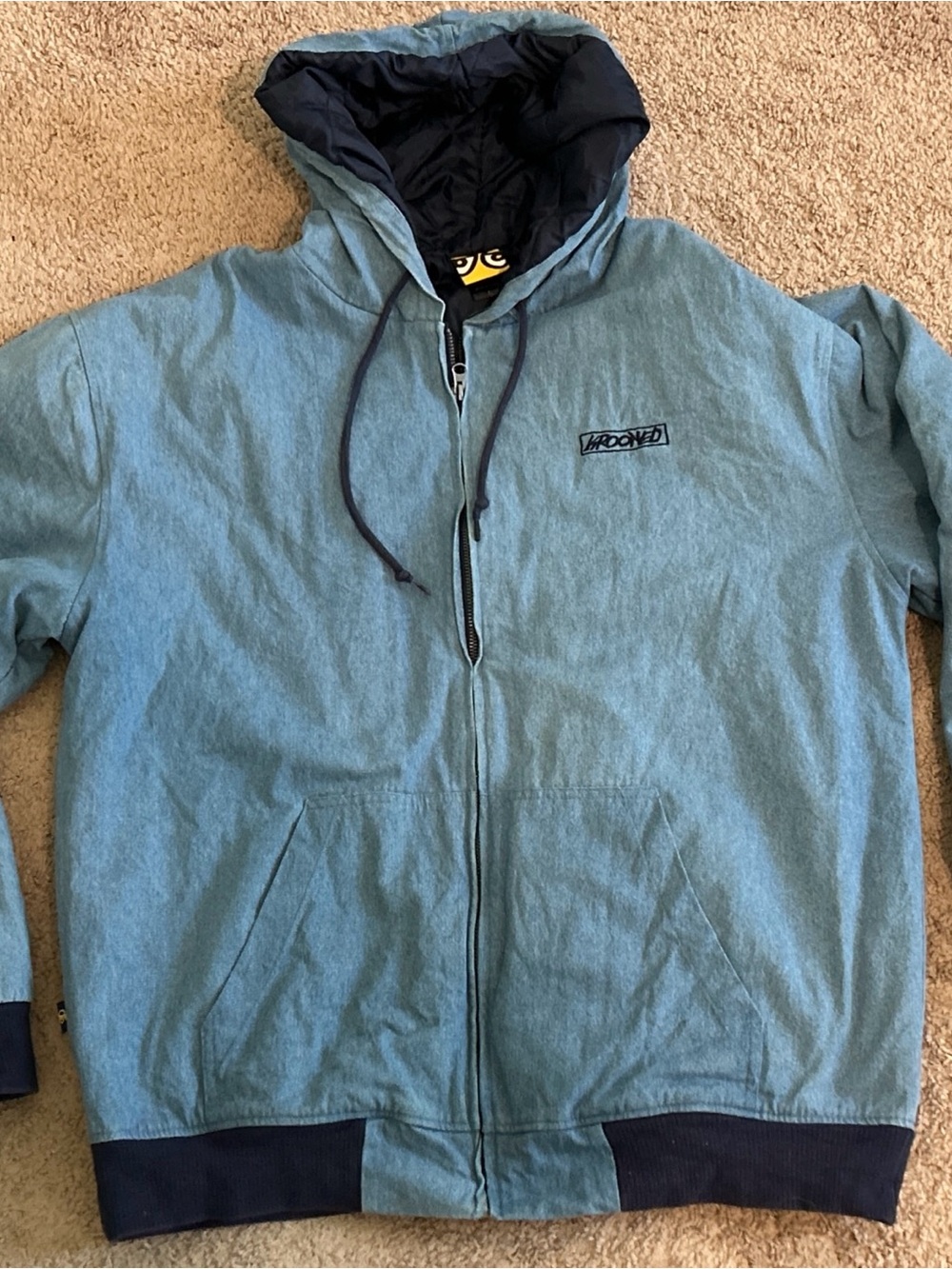 Krooked Skateboards Moon smile Jacket Men’s Large Blue Full Zip Hooded Lined.